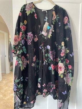 Johnny Was Black Sheer Floral Kimono Jacket with Multicolor Blooms